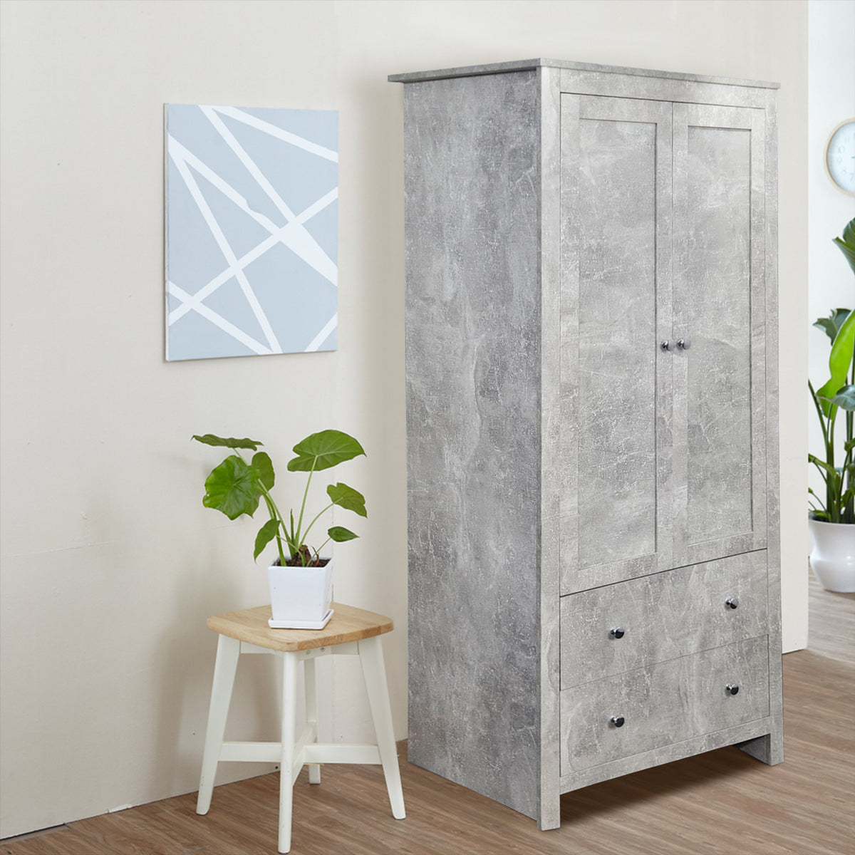 Grey Wardrobe Wooden 2 Doors With 2 Drawers Bedroom Storage Hanging Bar Clothes