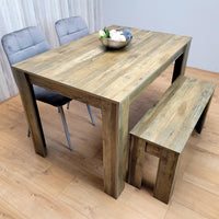 Dining Table Set for 4 Rustic Effect Dining Table With 2 Grey Velvet Chairs and 1 Matching Bench