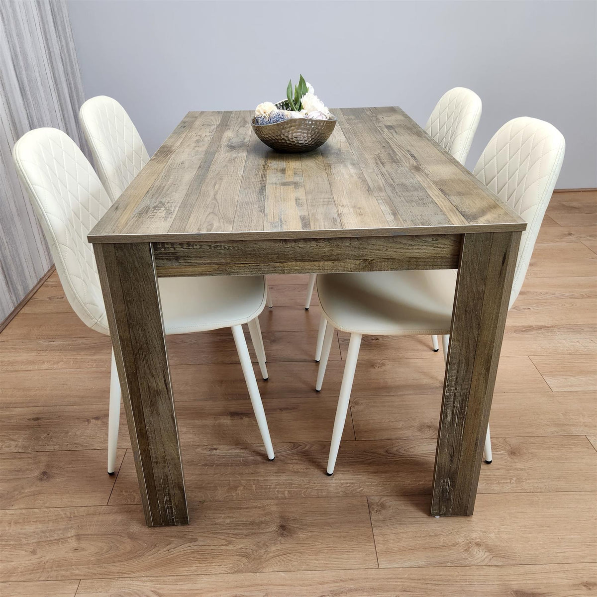 Wooden Dining Table with 4 Cream Gem Patterned Chairs Rusteic Effect Table with Cream Chairs