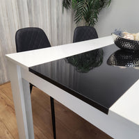 Dining White Black Wood Table and 4 Leather Black Chairs Dining Room Set