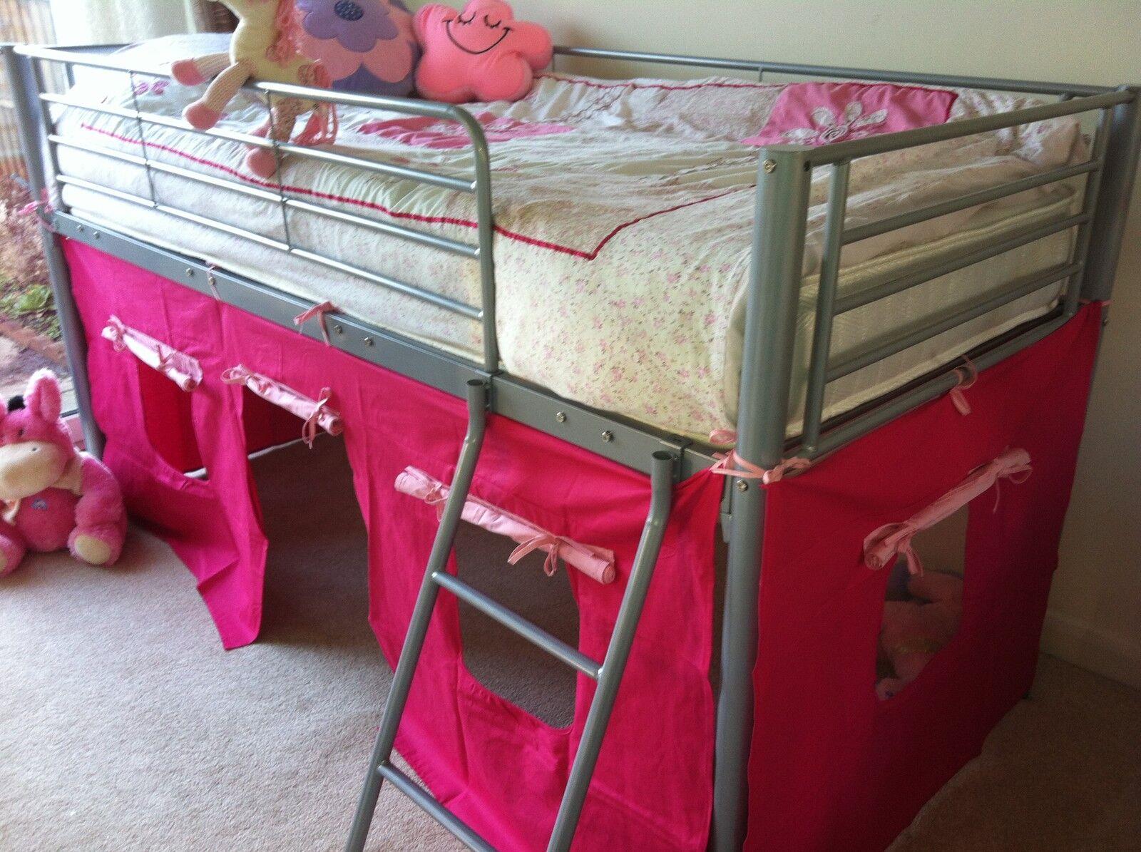 Mid Sleeper Bunk Bed with pink tent kids 3ft single silver metal under Cosy Homes