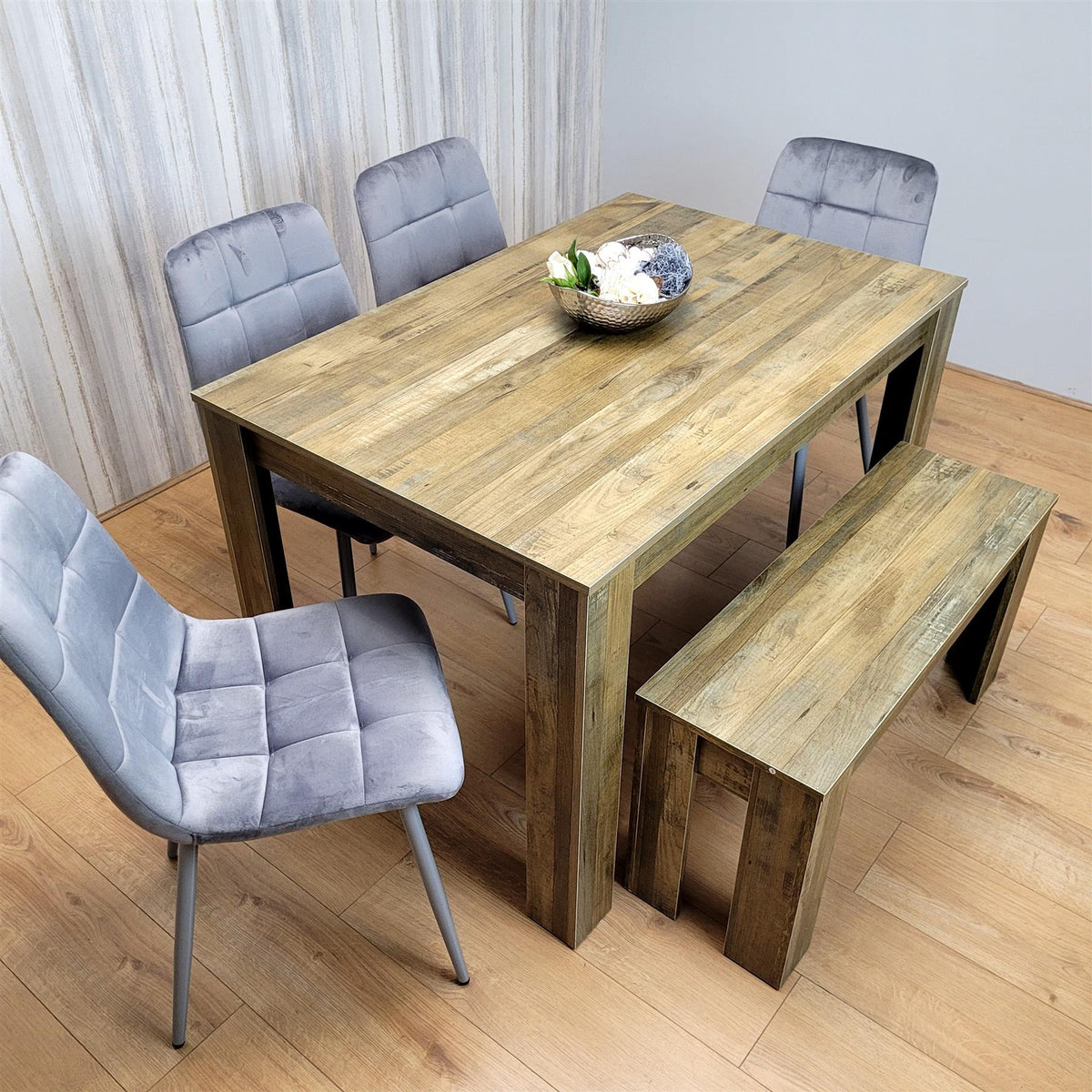 Wooden Dining Table Set for 6 Rustic Effect Table With 4 Grey Velvet Chairs and 1 Bench