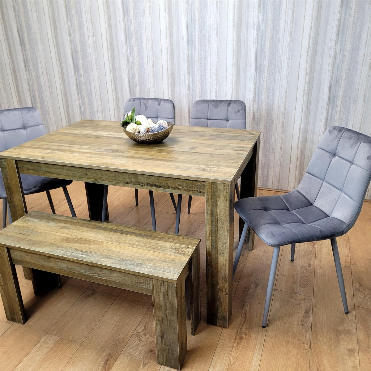 Wooden Dining Table Set for 6 Rustic Effect Table With 4 Grey Velvet Chairs and 1 Bench