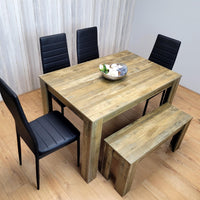 Wooden Dining Table Set for 6 Rustic Effect Table With 4 Black Leather Chairs and 1 Bench