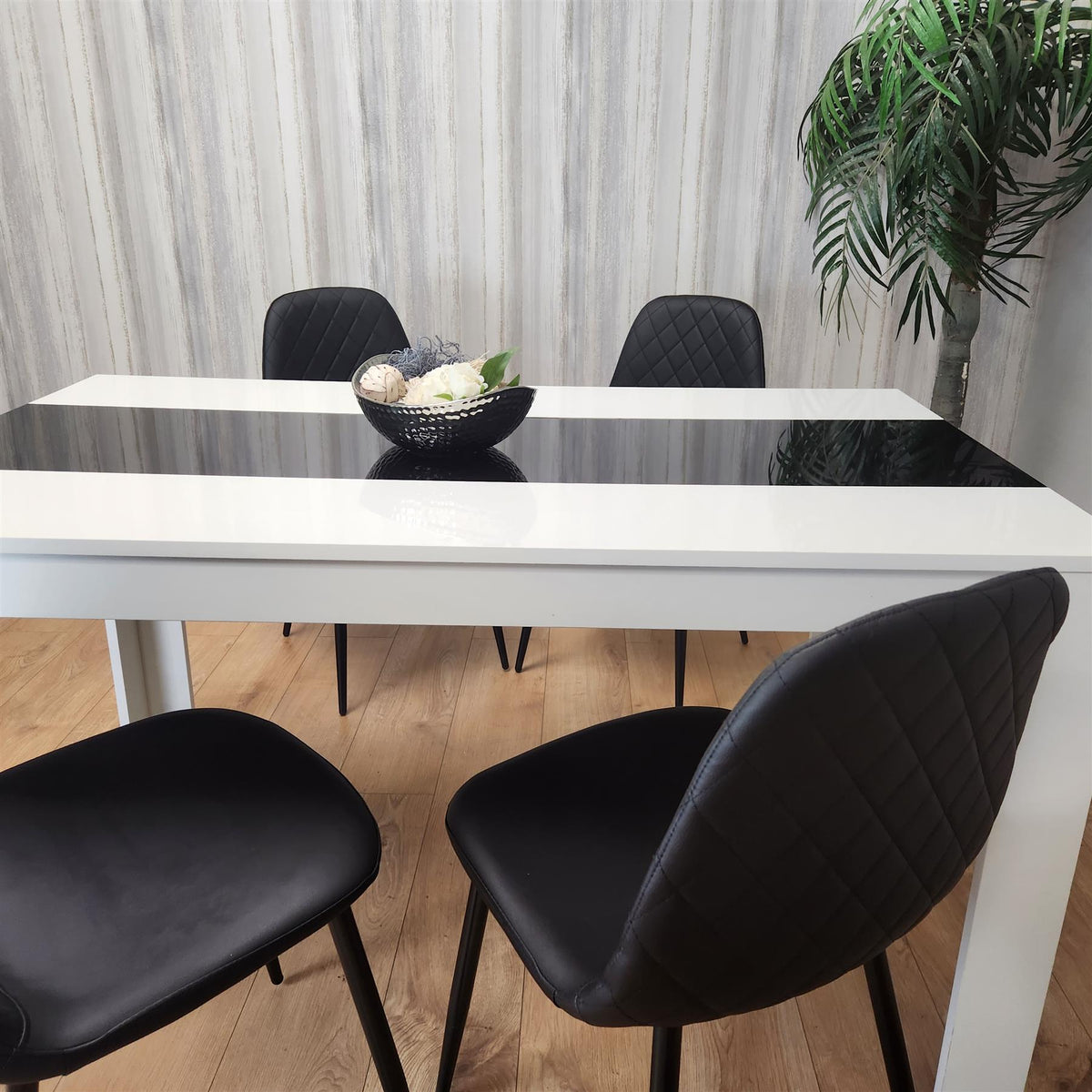 Dining White Black Wood Table and 4 Leather Black Chairs Dining Room Set