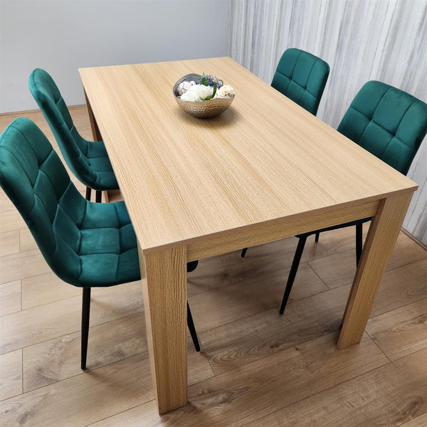 Dining Set of 4 Oak Effect Dining Table and 4 Green Velvet Chairs Dining Room Furniture