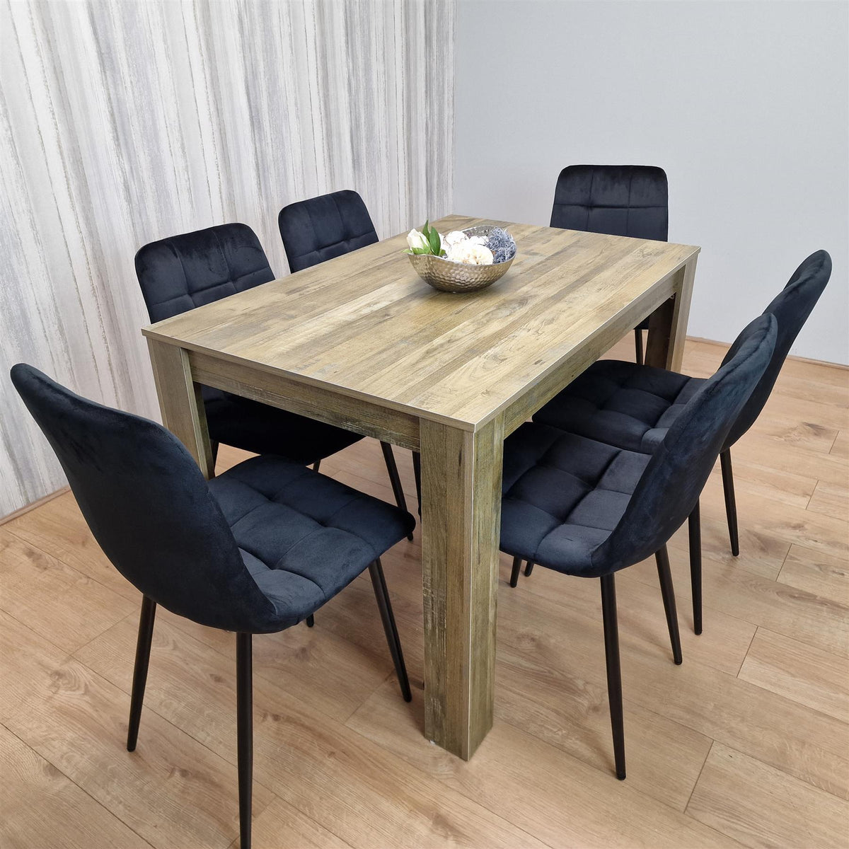 Dining Table and 6 Chairs Rustic Effect Wood Table 6 Black Velvet Chairs Dining Room