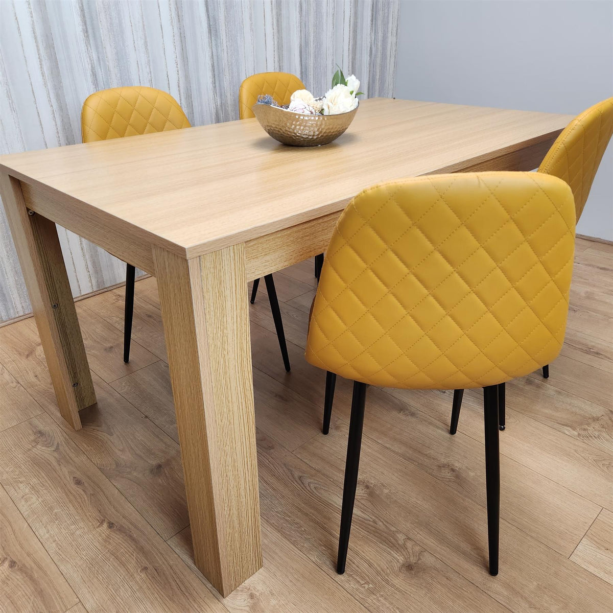 Dining Table and 4 Chairs Oak Effect Table with 4 Mustard Gem Patterned Chairs