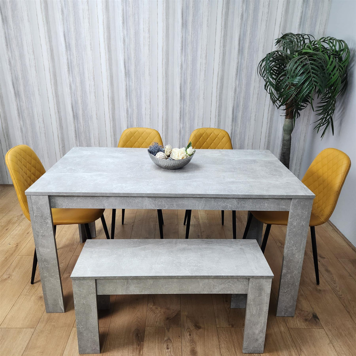 Wooden Rectangle Dining Table Sets with Set of 4 Chairs, Grey and Mustard