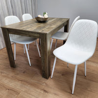 Wooden Dining Table with 4 white Gem Patterned Chairs Rustic Effect Table with white Chairs