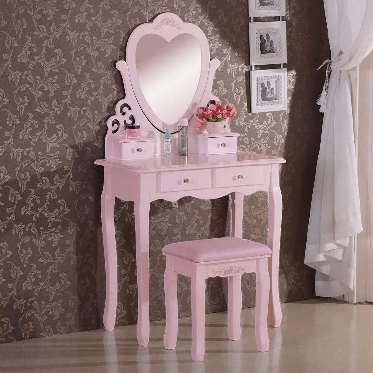 Dressing Table with Heart Shaped Mirror and Stool Makeup Vanity Mirror Hollywood Table