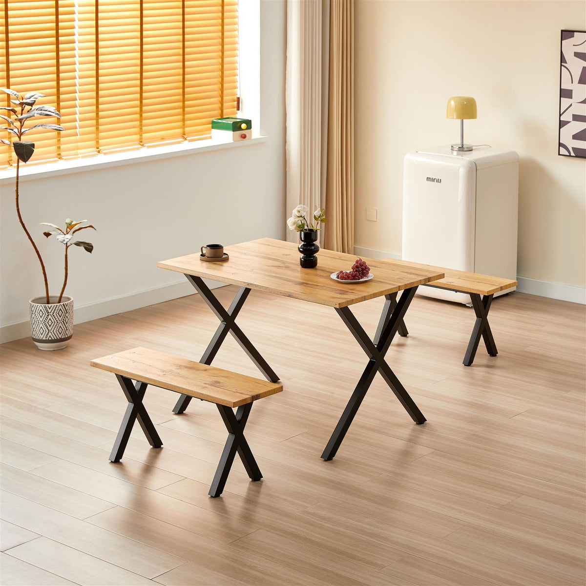 Dining Table and 2 Benches Set Brown Wooden With Metal Legs for Dining Room