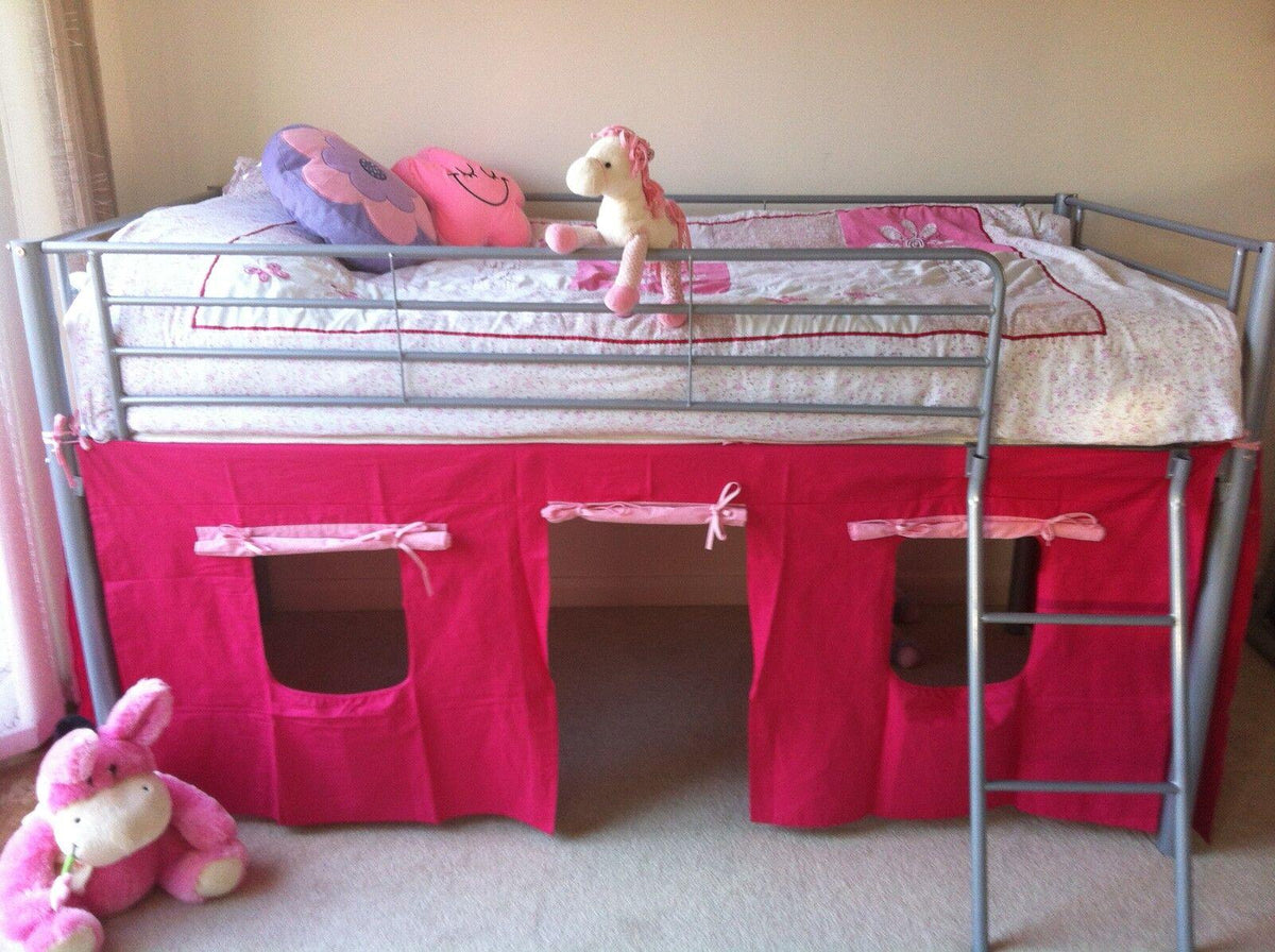 Mid Sleeper Bunk Bed with pink tent kids 3ft single silver metal underneath play den childrens bedroom furniture