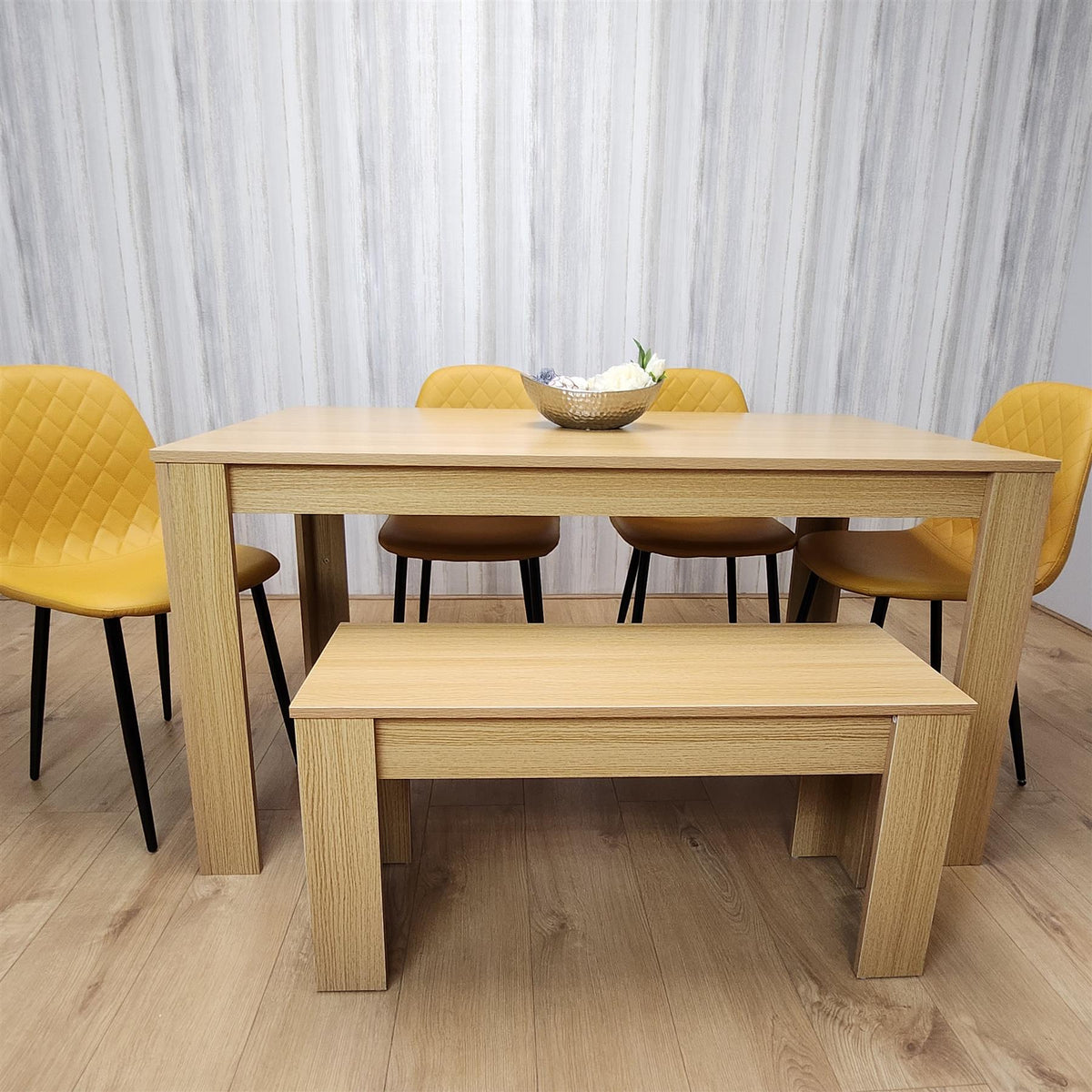 Wooden Dining Table Set for 6 Oak Effect Table With 4 Mustard Gem Patterned  Chairs and 1 Bench