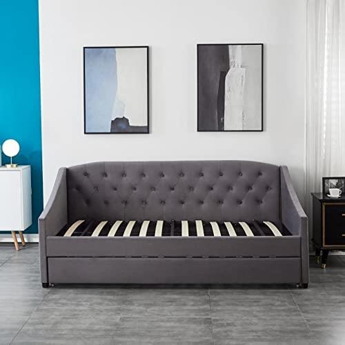 Daybed with Trundle grey 3ft twin velvet tufted wooden day bed with 2 mattresses bedroom