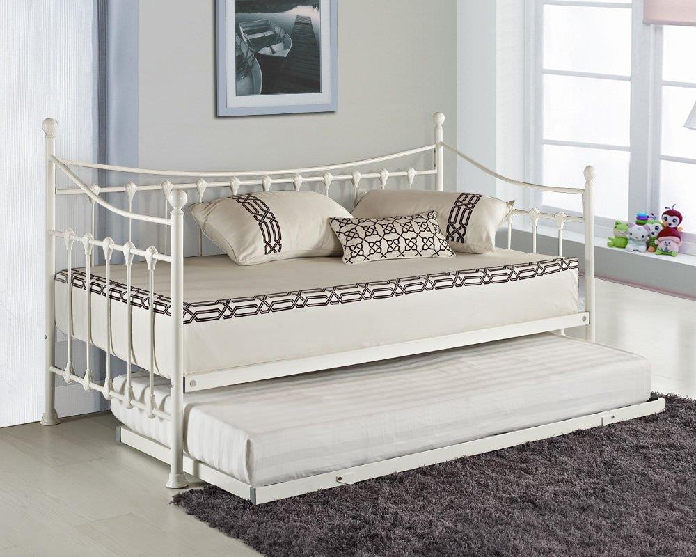 Daybed With Trundle white 3ft single twin bed and 2 mattresses pull out metal guest room bedroom living room