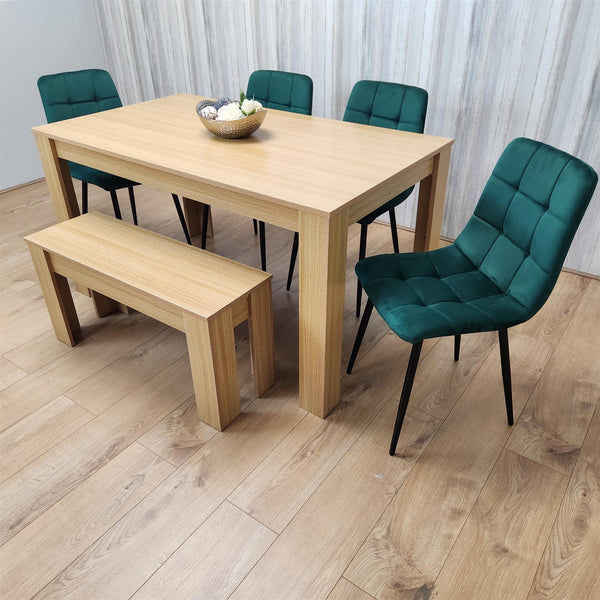 Wooden Dining Table Set for 6 Oak Effect Table With 4 Green Velvet Chairs and 1 Bench