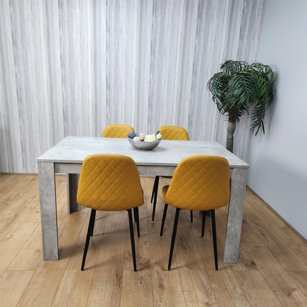 Wooden Rectangle Dining Table Sets with Set of 4 Chairs, Grey and Mustard