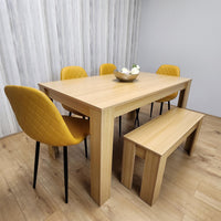 Wooden Dining Table Set for 6 Oak Effect Table With 4 Mustard Gem Patterned  Chairs and 1 Bench