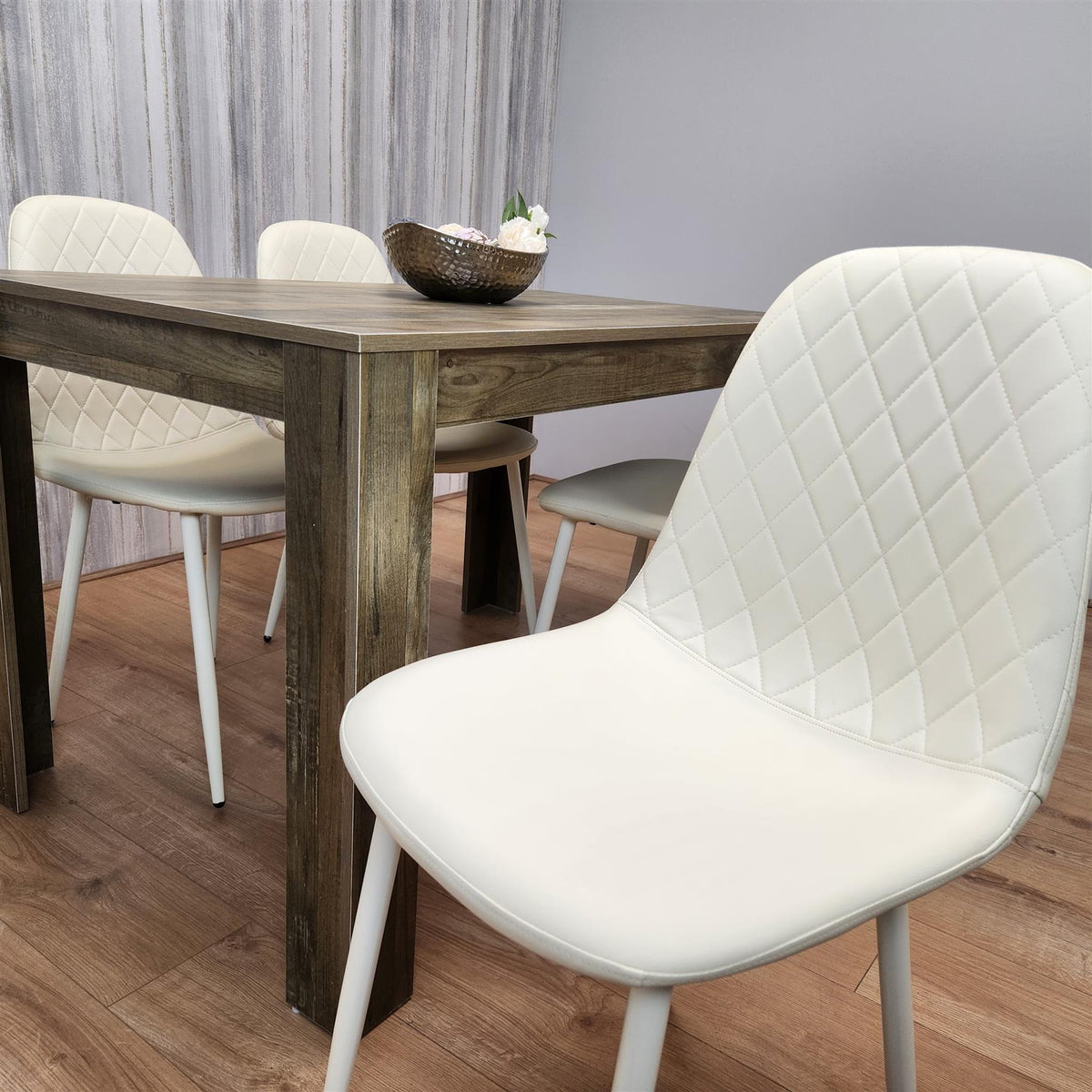 Wooden Dining Table with 4 Cream Gem Patterned Chairs Rusteic Effect Table with Cream Chairs