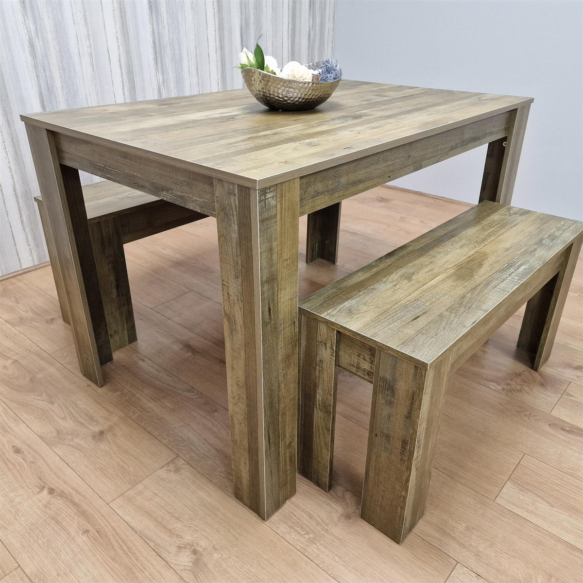 Dining Table and 2 Benches Rustic Effect Wood Table Rustic Benches Dining Room