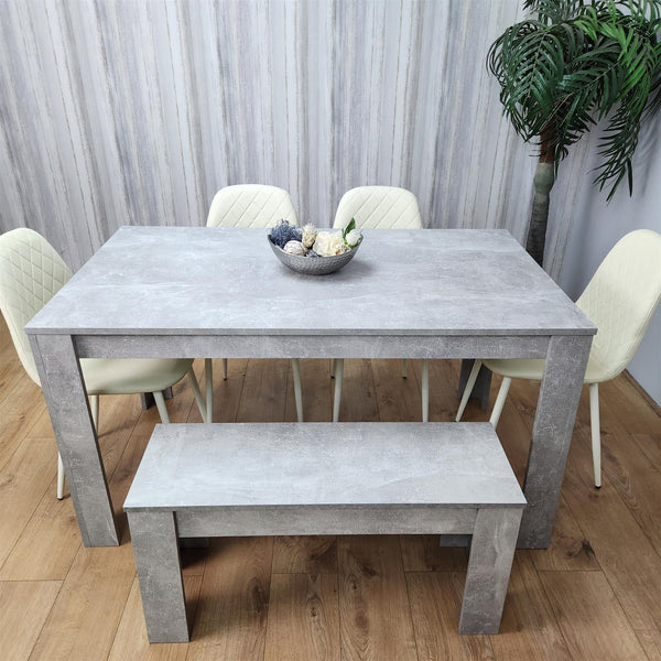 Wooden Rectangle Dining Table Sets with Set of 4 Chairs, a Bench, Grey and Cream