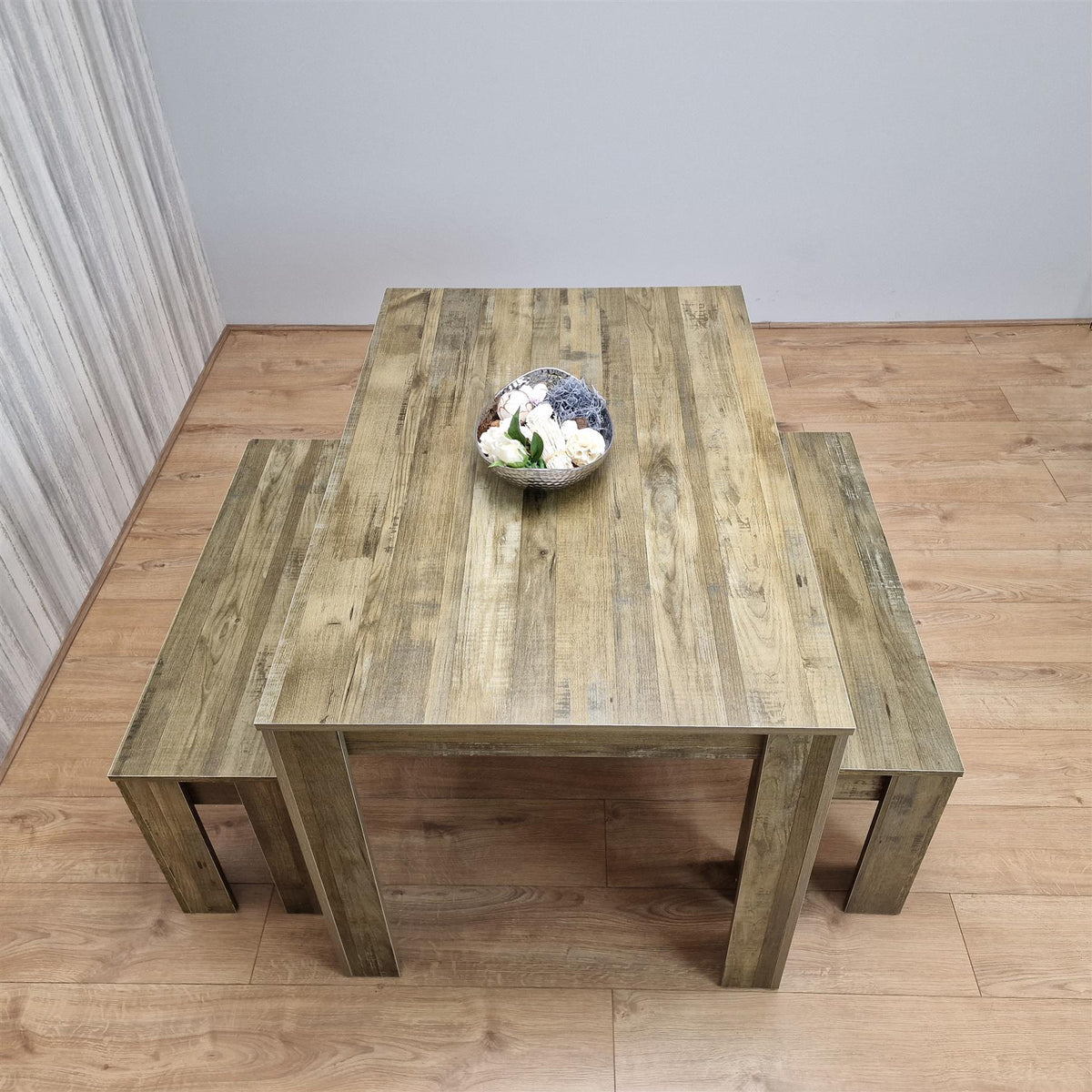 Dining Table and 2 Benches Rustic Effect Wood Table Rustic Benches Dining Room