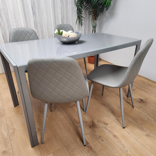 Glass Dining table and 4 grey leather chairs  Grey Glass Table And 4 Chairs kitchen dining room furniture