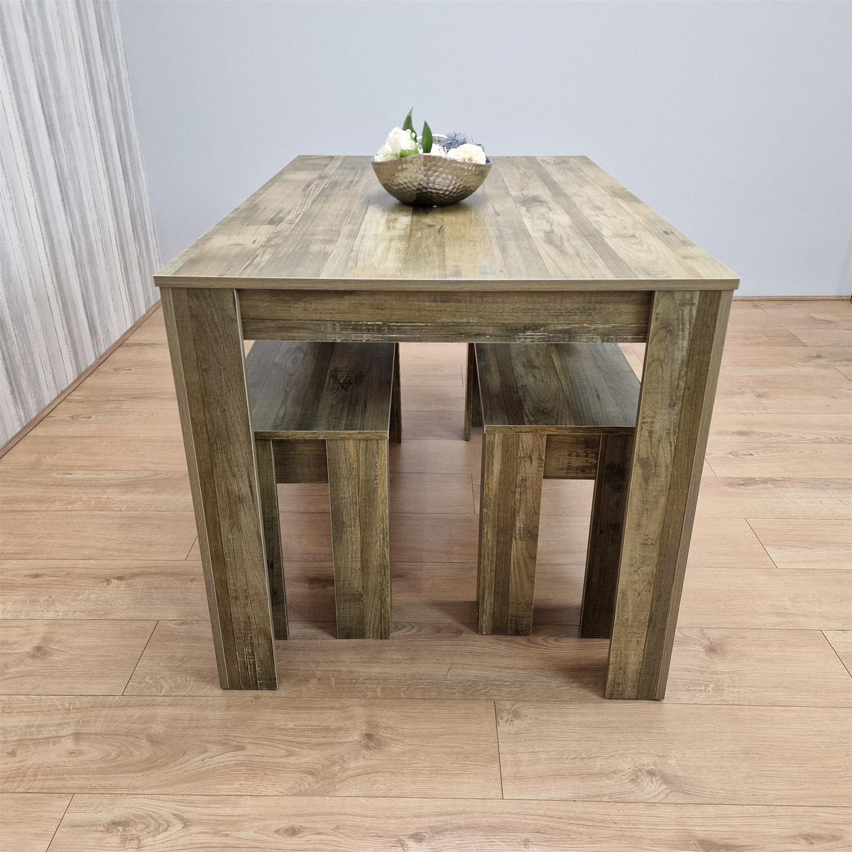 Dining Table and 2 Benches Rustic Effect Wood Table Rustic Benches Dining Room