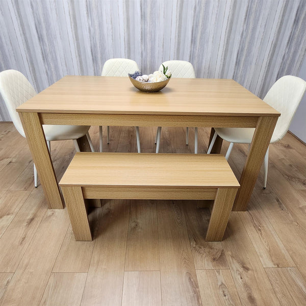 Wooden Dining Table Set for 6 Oak Effect Table With 4 Cream Gem Patterned  Chairs and 1 Bench