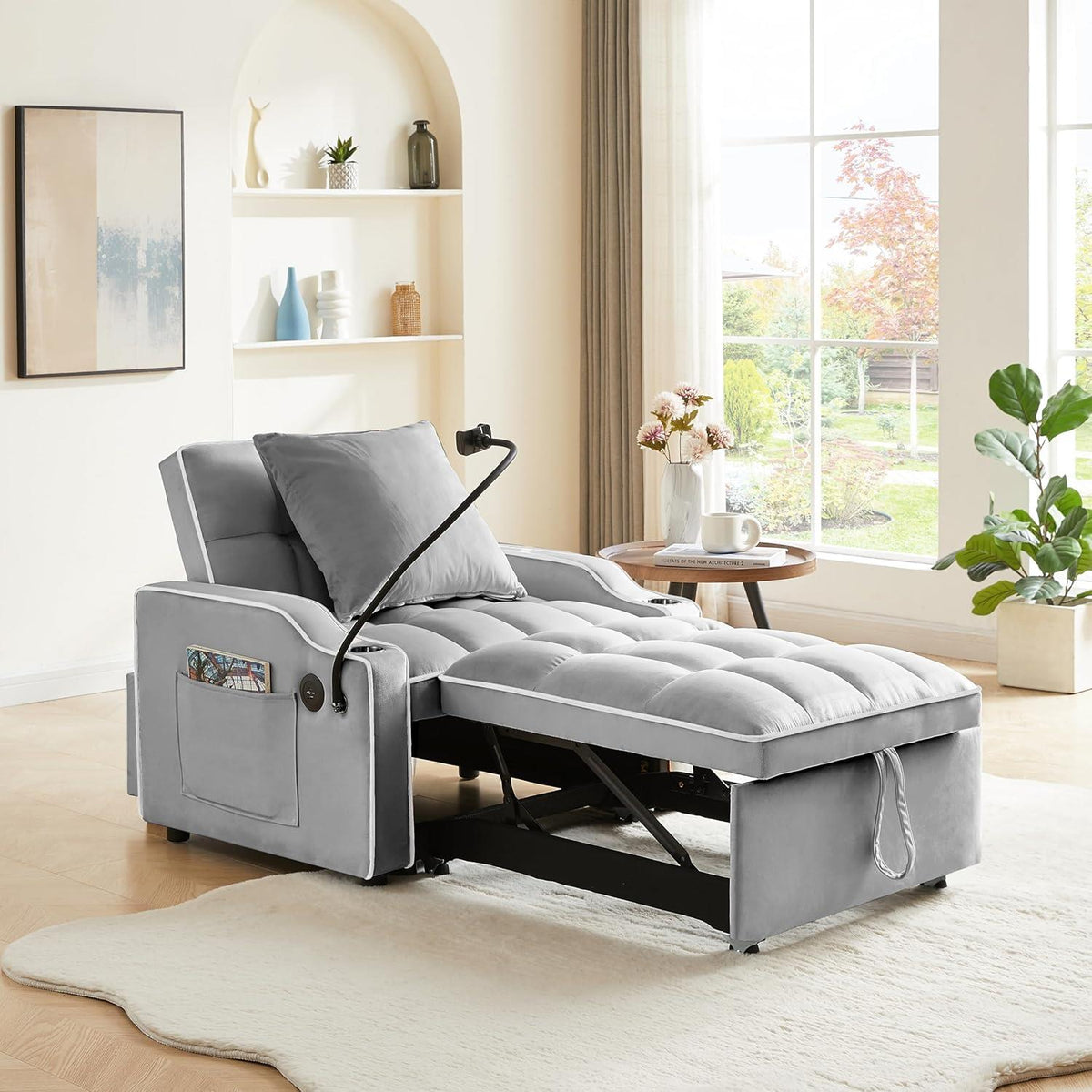 3-in-1 Convertible Sofa Bed Sleeper Chair with Adjustable Backrest, USB Charging & Cup Holder for Small Spaces