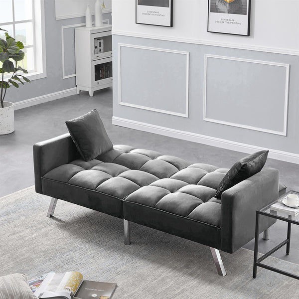 Sofa Bed 2 Seater Grey Velvet Click Clack Sofa Settee Recliner Couch with Metal Legs with 2 Pillows