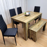 Wooden Dining Table Set for 6 Rustic Effect Table With 4 Black Leather Chairs and 1 Bench