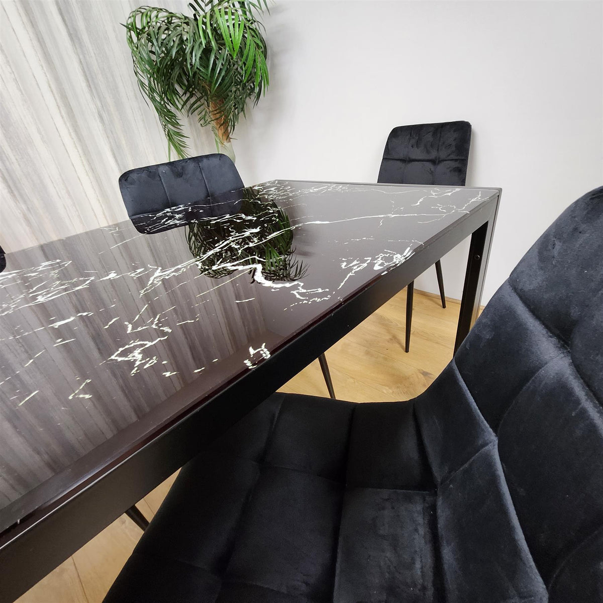 Dining Table and 4 Chairs Black Marble Effect Glass 4 Velvet Black Chairs Dining Room Furniture