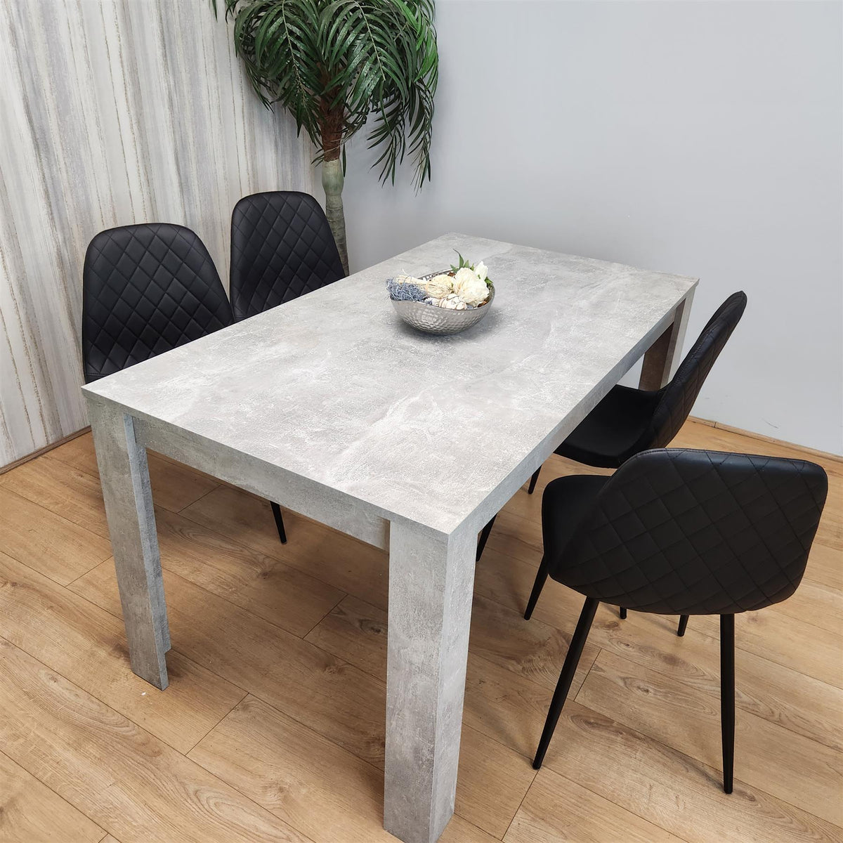 Dining Table and 4 Chairs stone grey Effect Table with 4 Black Gem Patterned Chairs