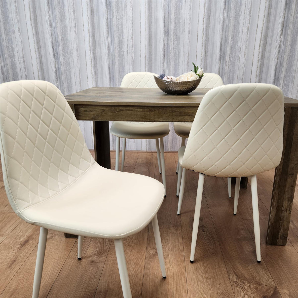 Wooden Dining Table with 4 Cream Gem Patterned Chairs Rusteic Effect Table with Cream Chairs