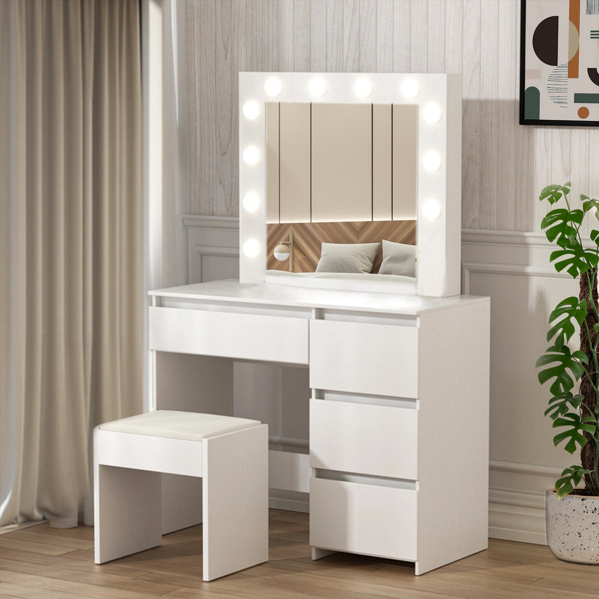 White Dressing Table Hollywood LED Mirror Makeup Desk Vanity Table Bedroom Furniture