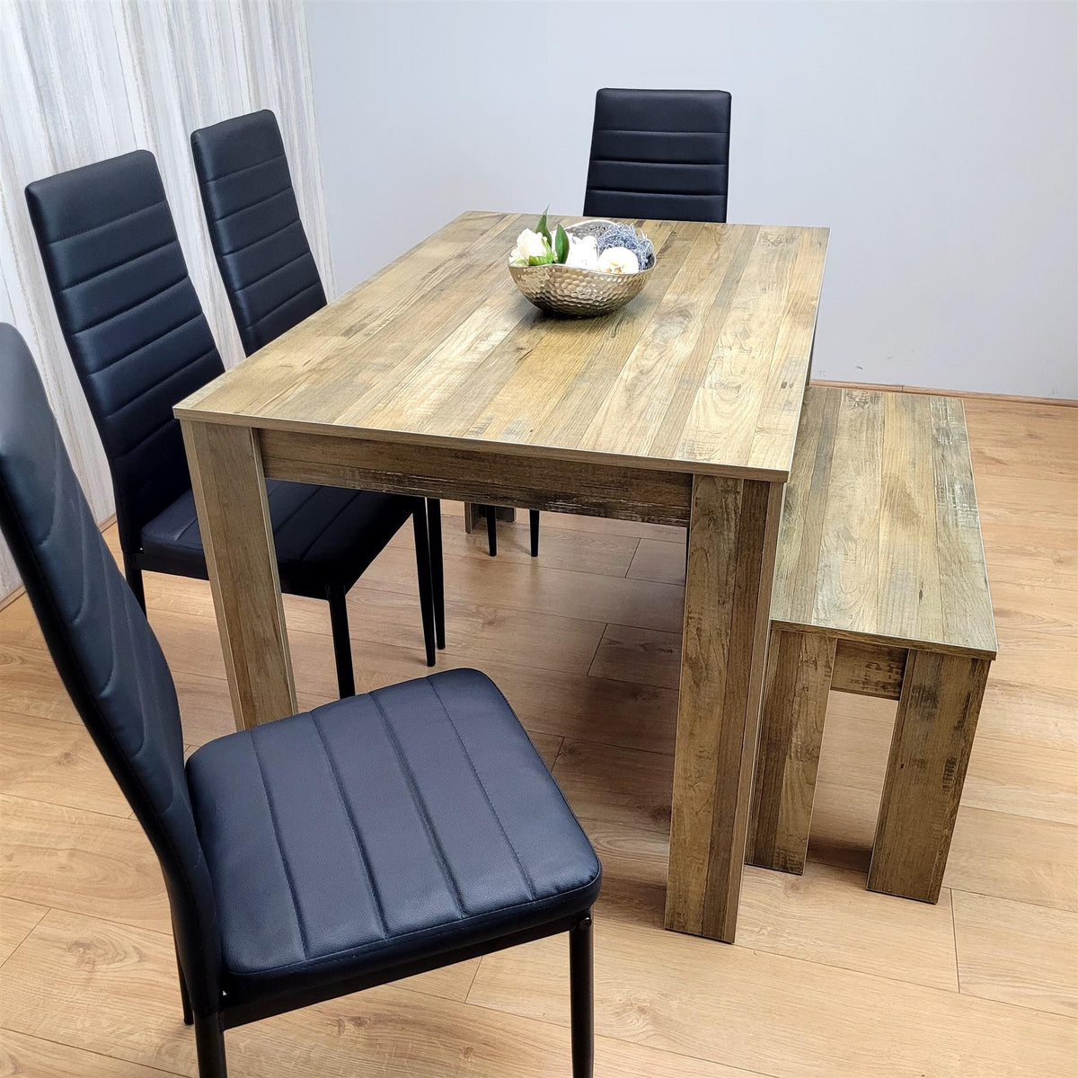 Wooden Dining Table Set for 6 Rustic Effect Table With 4 Black Leather Chairs and 1 Bench