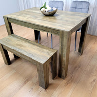 Dining Table Set for 4 Rustic Effect Dining Table With 2 Grey Velvet Chairs and 1 Matching Bench