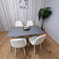 Dining Table Set of 4 Wooden Grey Table with 4 White Gem Patterend Chairs