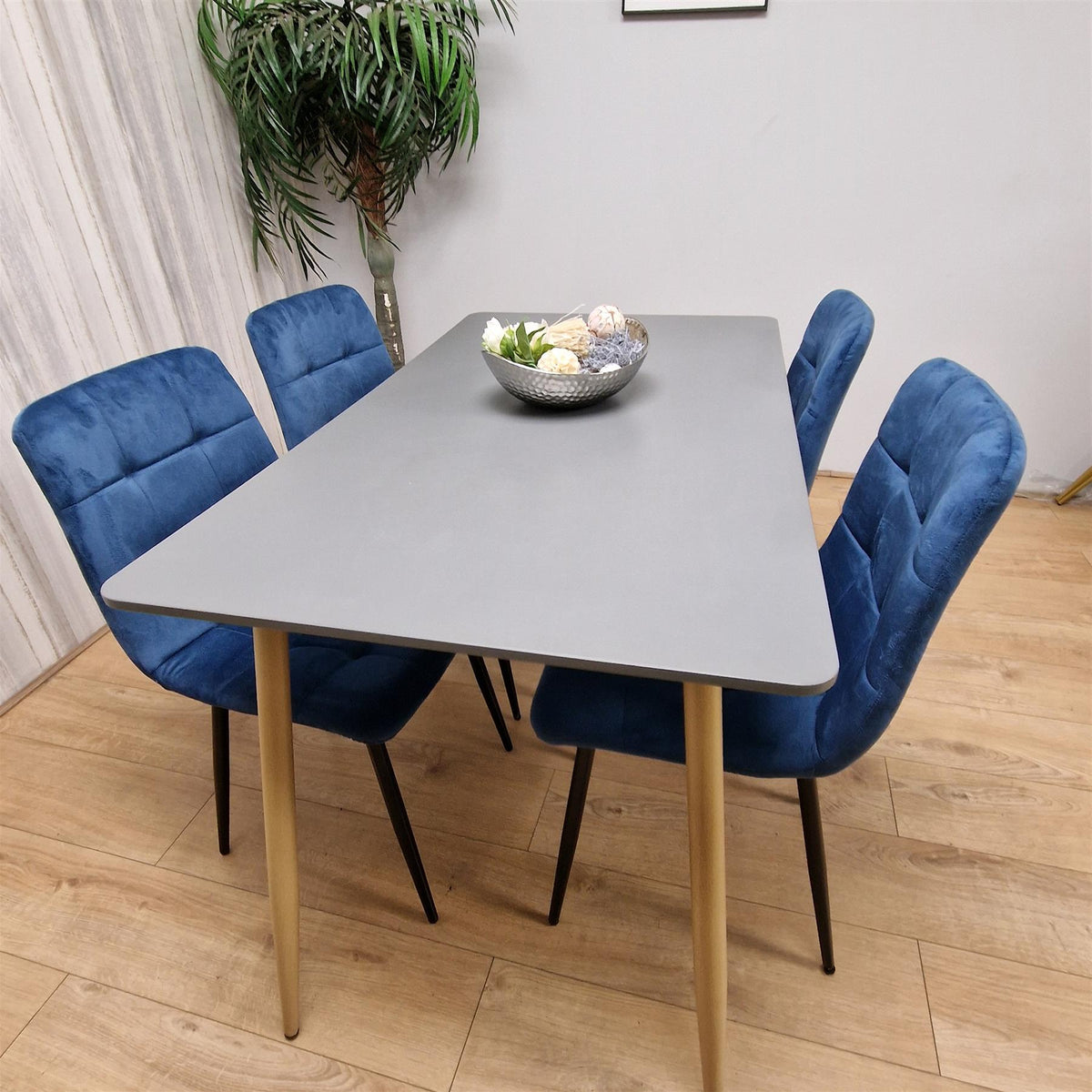 Wooden Dining Table Set for 4 Grey Wooden Table and 4 Blue Velvet Chairs