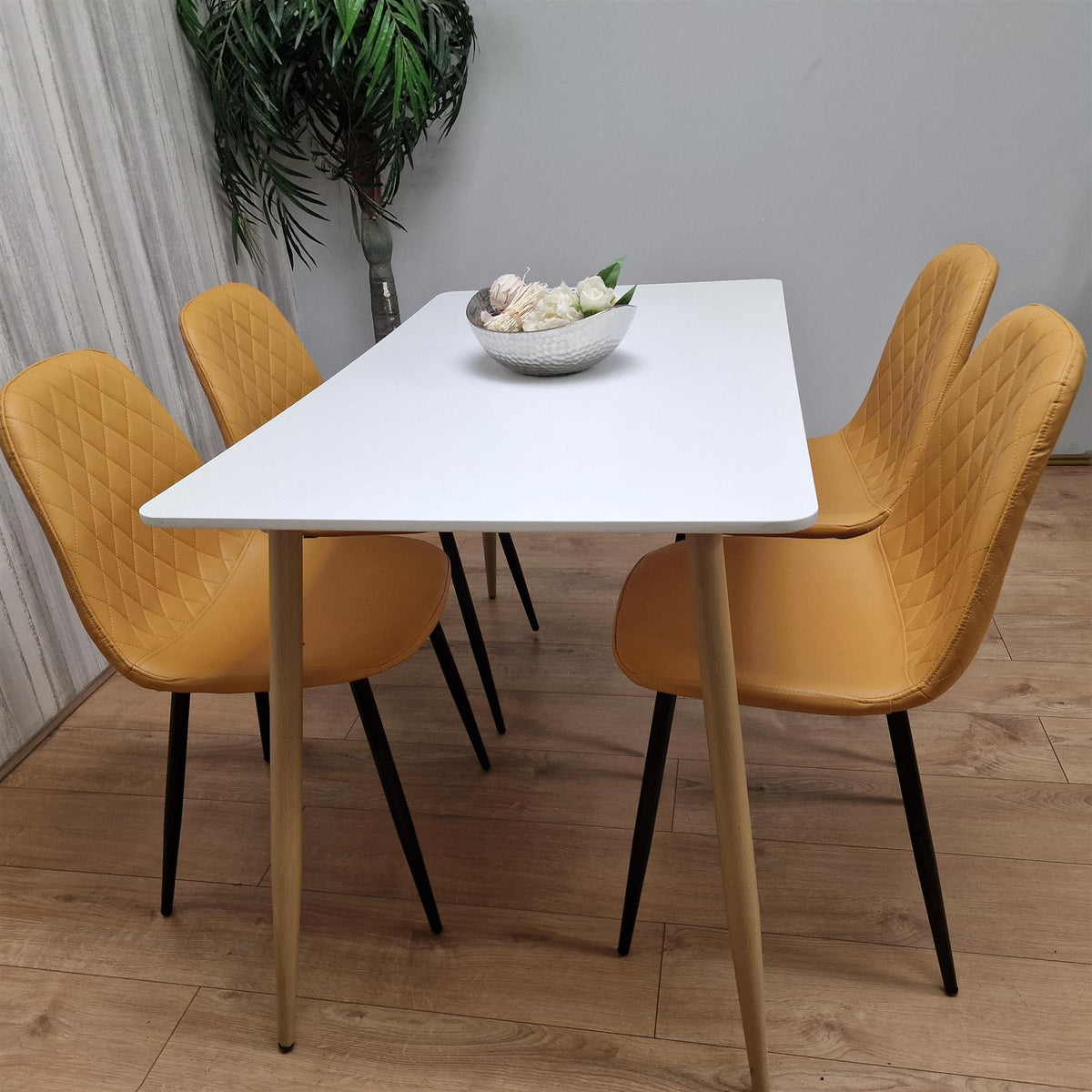 Wooden Dining Table with 4 Mustard Gem Patterned Chairs White Table with Mustard Chairs