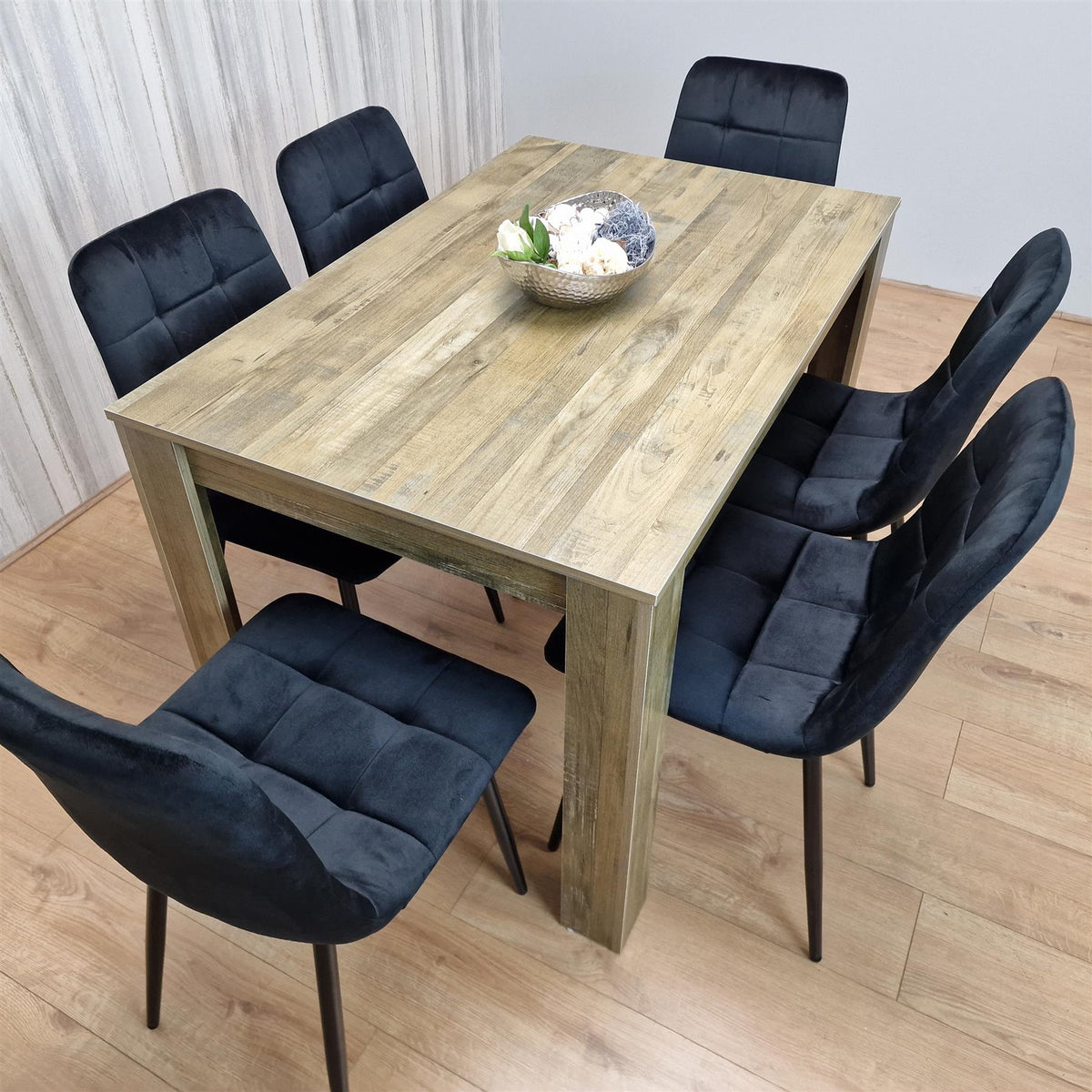 Dining Table and 6 Chairs Rustic Effect Wood Table 6 Black Velvet Chairs Dining Room