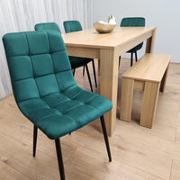 Wooden Dining Table Set for 6 Oak Effect Table With 4 Green Velvet Chairs and 1 Bench