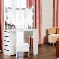 Corner Dressing Table with Mirror and Stool Makeup Vanity LED Mirror Lights Hollywood Table