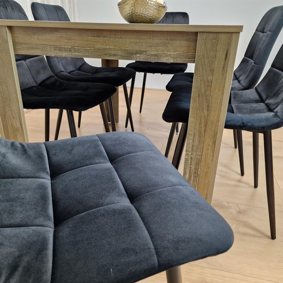 Dining Table and 6 Chairs Rustic Effect Wood Table 6 Black Velvet Chairs Dining Room