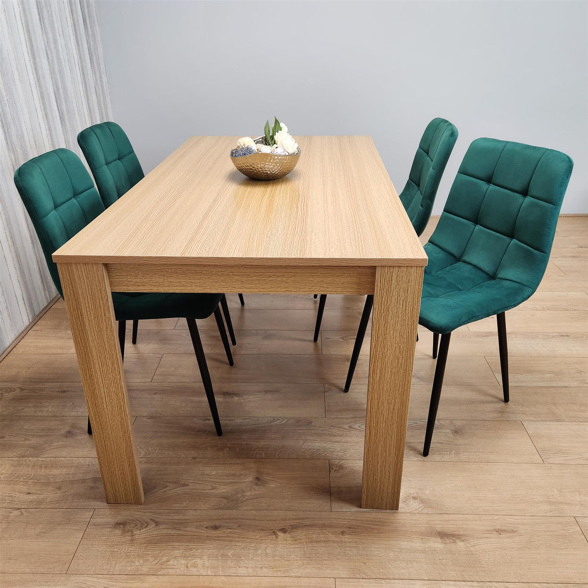 Dining Set of 4 Oak Effect Dining Table and 4 Green Velvet Chairs Dining Room Furniture