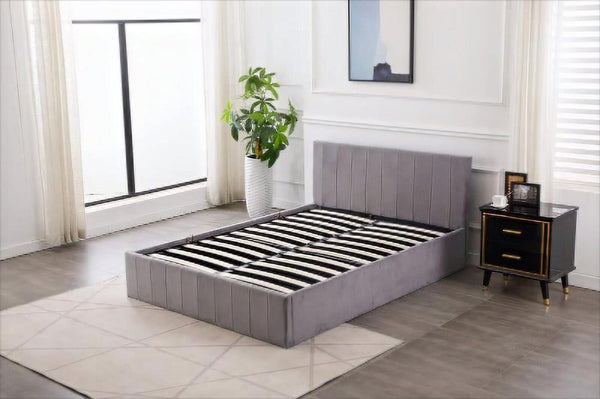 Ottoman Storage Bed grey small double 4ft line pattern fabric velvet bedroom furniture