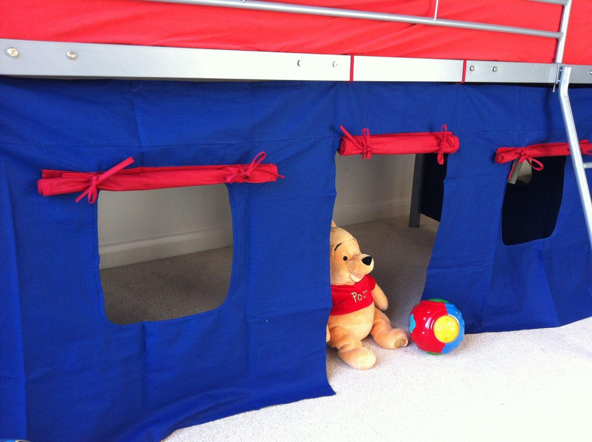 Mid Sleeper Bunk Bed with blue red tent kids 3ft single and 1 mattress silver metal underneath play den childrens bedroom furniture