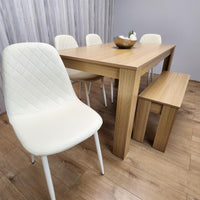 Wooden Dining Table Set for 6 Oak Effect Table With 4 Cream Gem Patterned  Chairs and 1 Bench